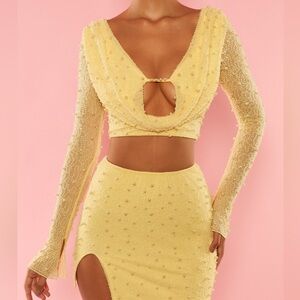 NWT Oh Polly VILLE FRANCHE Long Sleeve Deep Plunge Crop Top butterstick Yellow